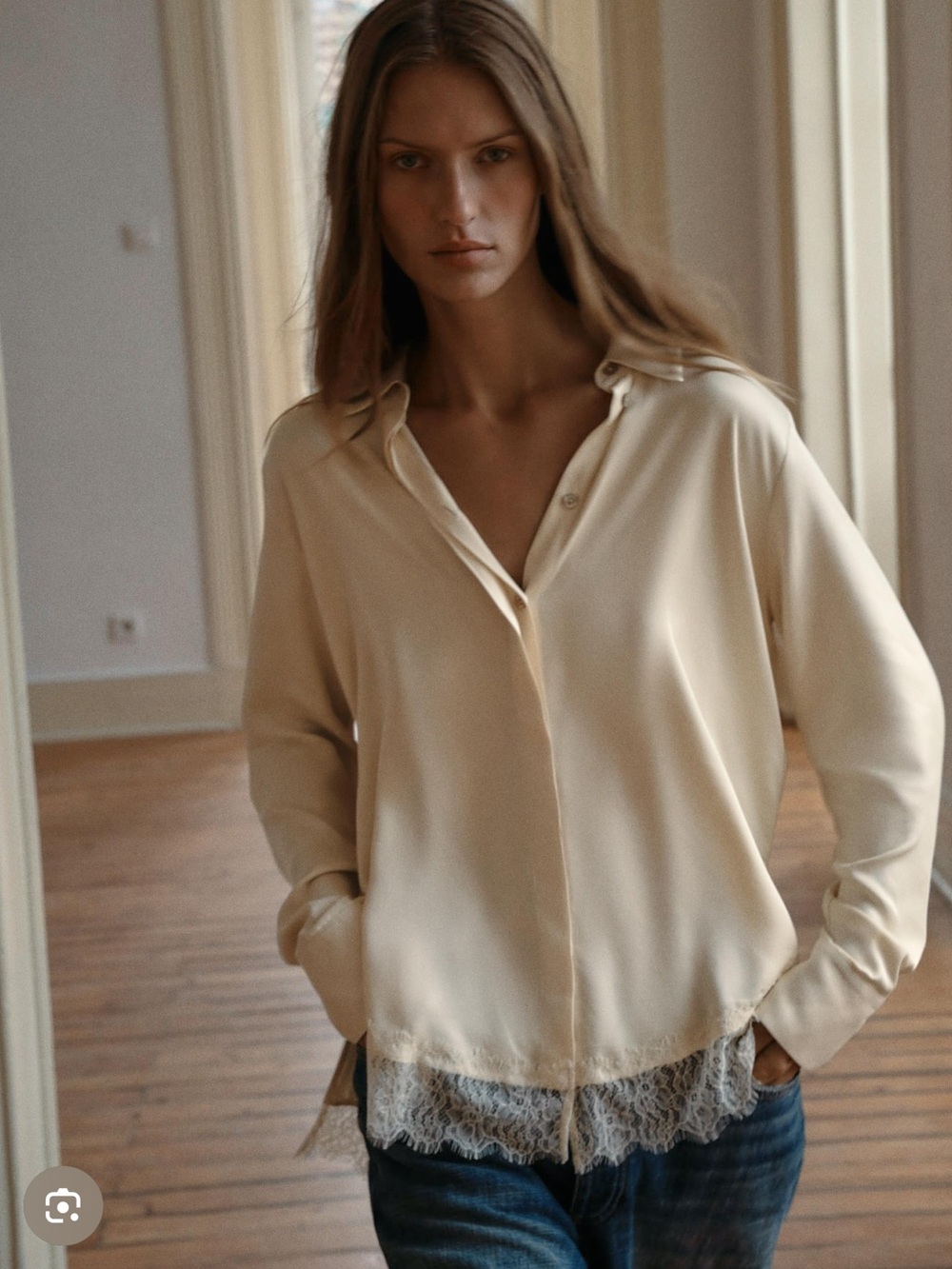 Zara ecru satin button-down shirt with lace hem